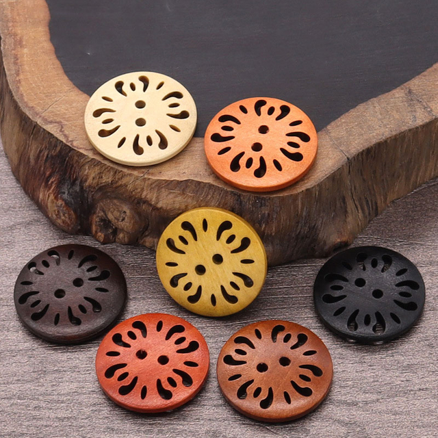 Spot Laser Hollow Vintage 2 Holes Round Natural Wooden Button for Clothing