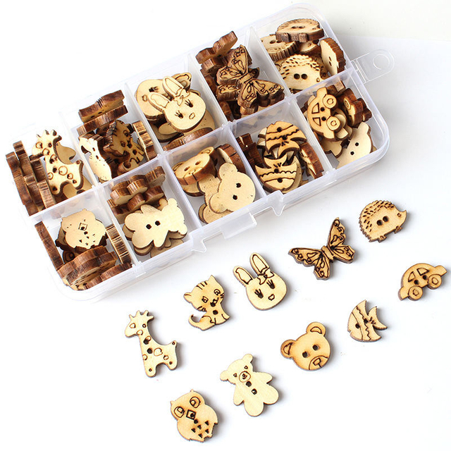 2 Löcher Cartoon süße Form Naturhölzernknopf mit Plastikbox -Set für Kinder