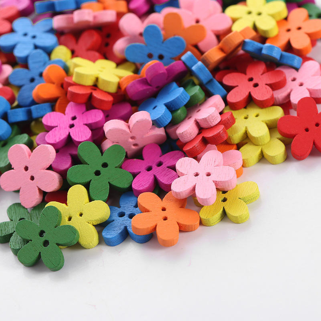 Diy Handmade Craft Mixed Colorful Flower Shape Cute Kids Wooden Buttons for Clothing