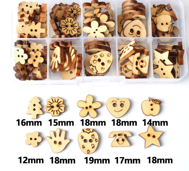 2 Holes Cartoon Cute Shape Natural Wooden Button Set With Plastic Box Set for Children