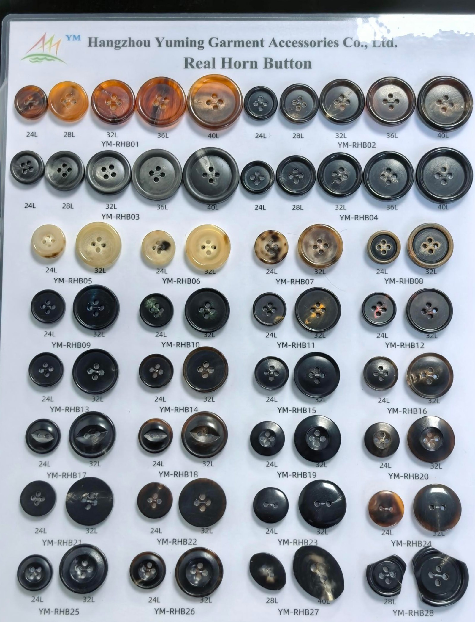 Real horn buttons sample card, natural cattle horn garment buttons for coats and suits-hangzhou yuming
