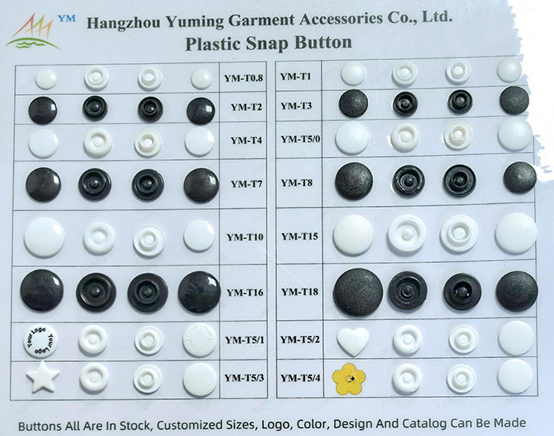 Plastic snap buttons sample card, assorted plastic snap fasteners on display sheet for sewing and apparel